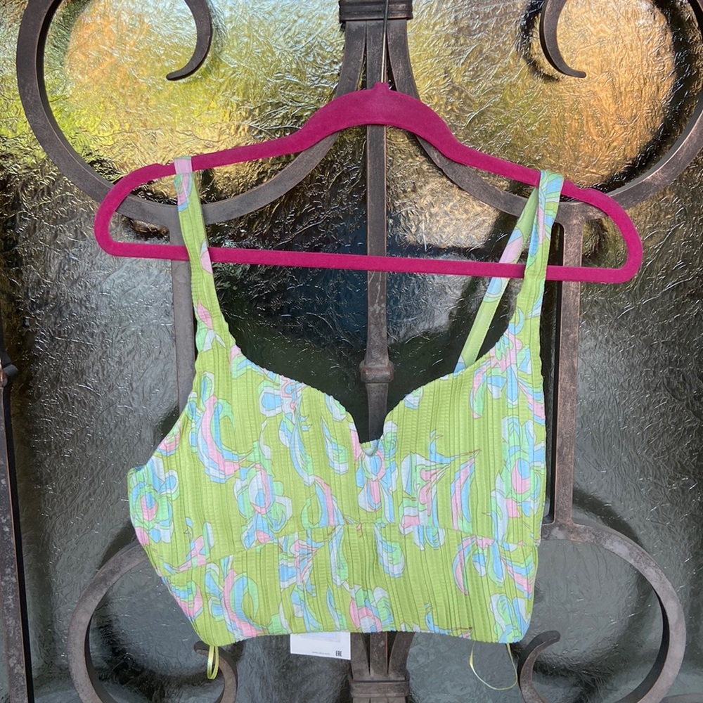 Zara pleated printed crop top turquoise green size large.